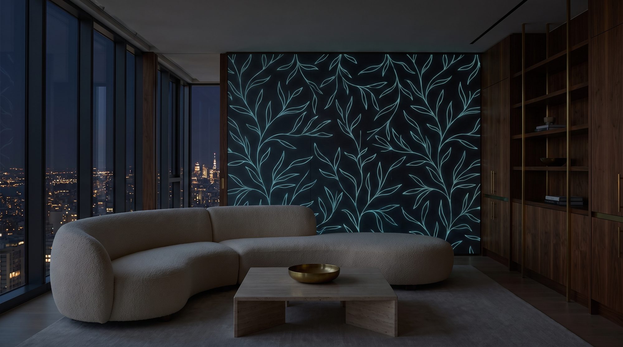 Visualisation: penthouse living room at night with a glowing botanical wall motif