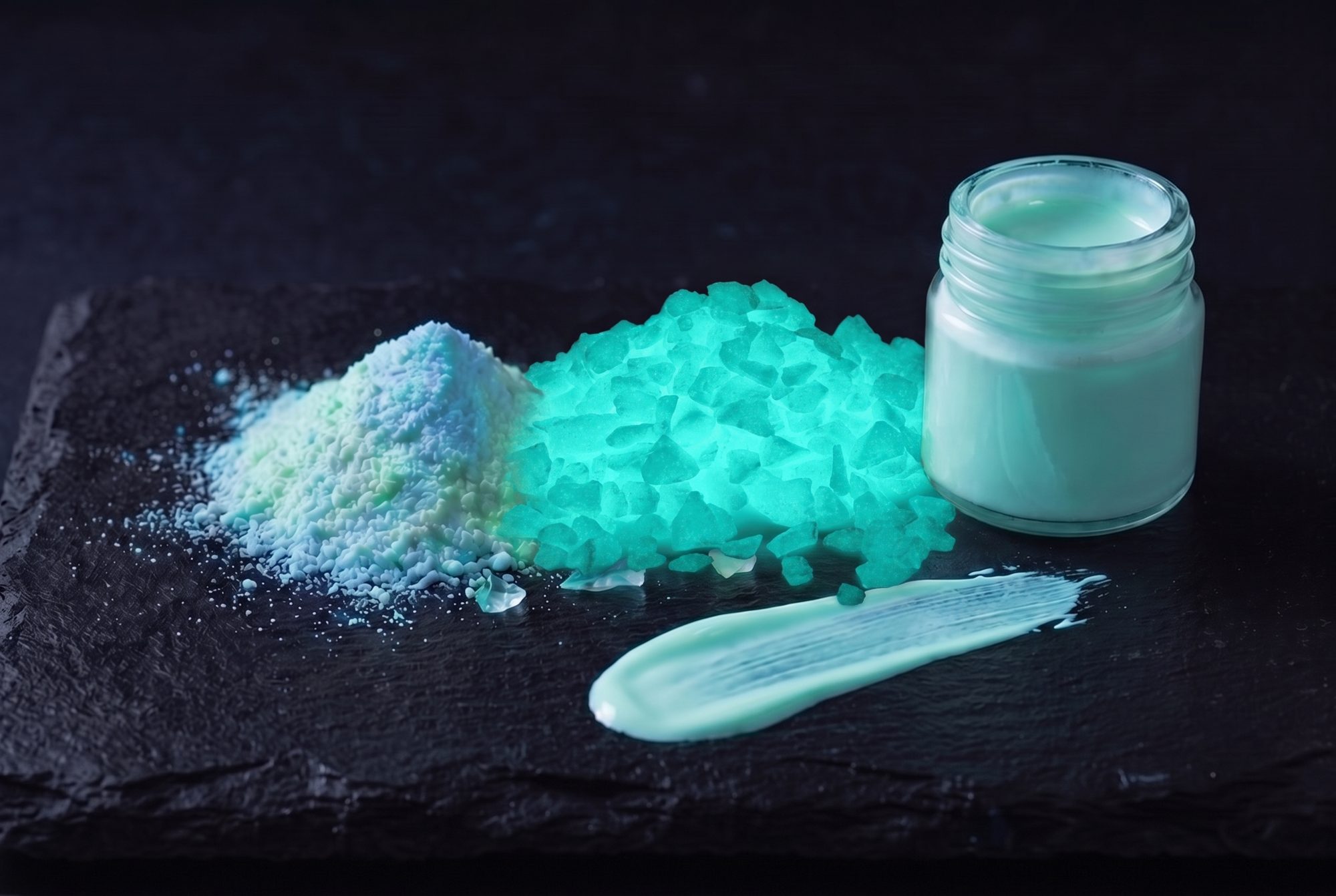 Visualisation: glow pigment powder, angular glow granules and a jar of glow paint on a black slate slab