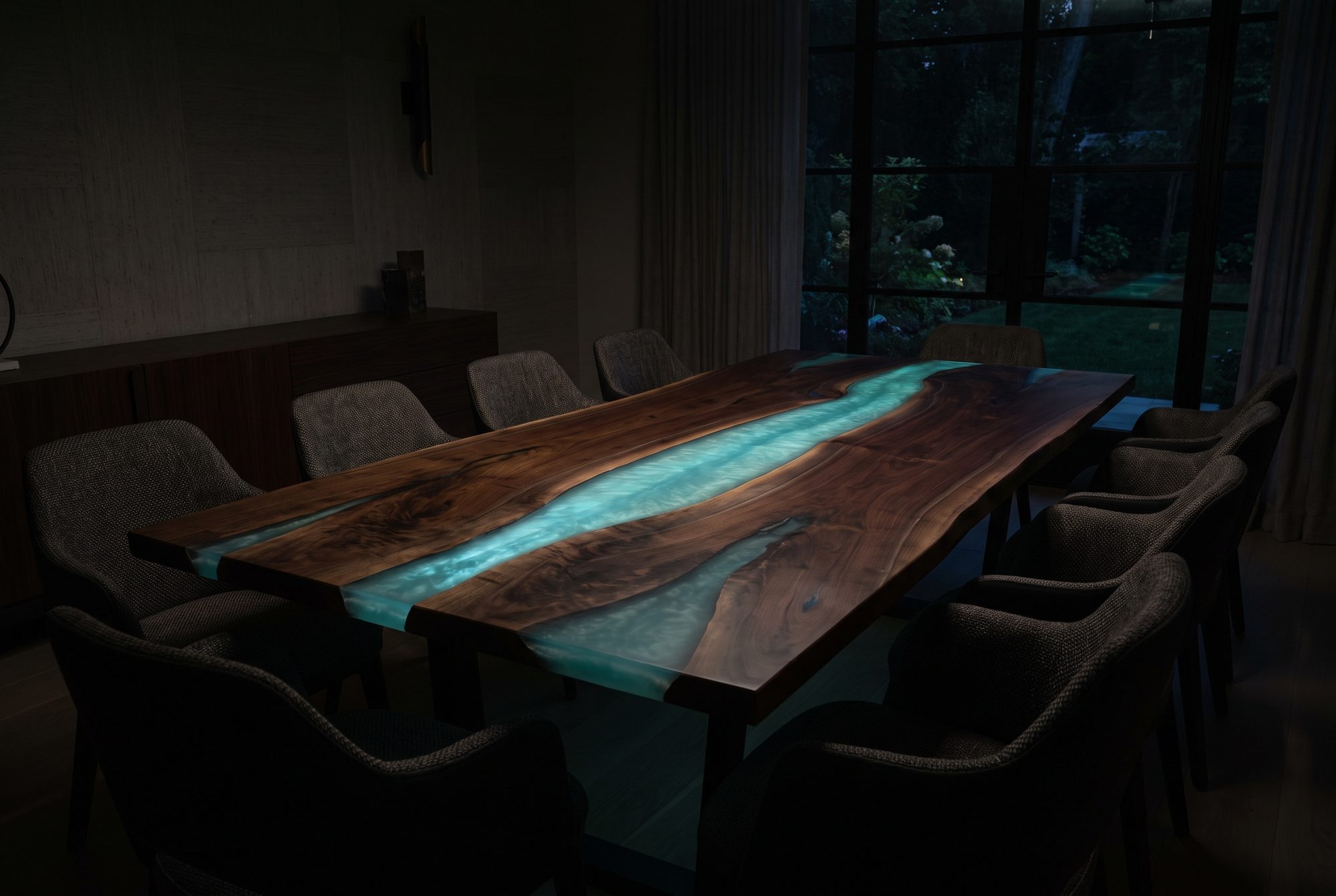 Visualisation: walnut river table with a glowing resin river