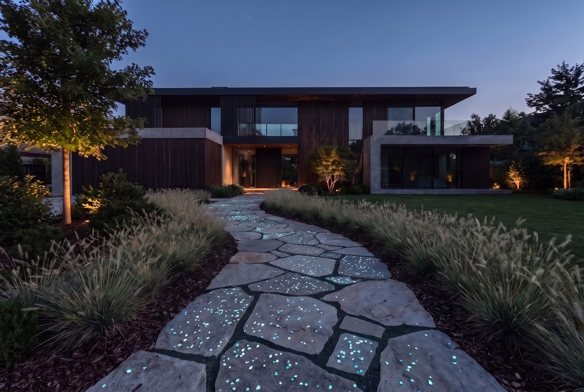 Visualisation: natural stone path at night with glowing chips inlaid in the slabs